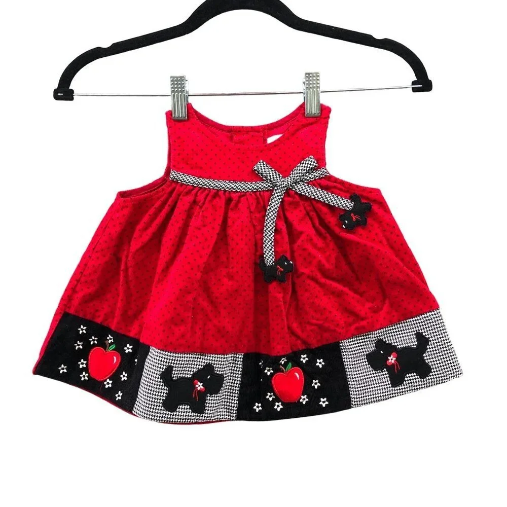 Vintage Girls 12-18M Holiday Pinafore Dress Red Corduroy Christmas Embroidered